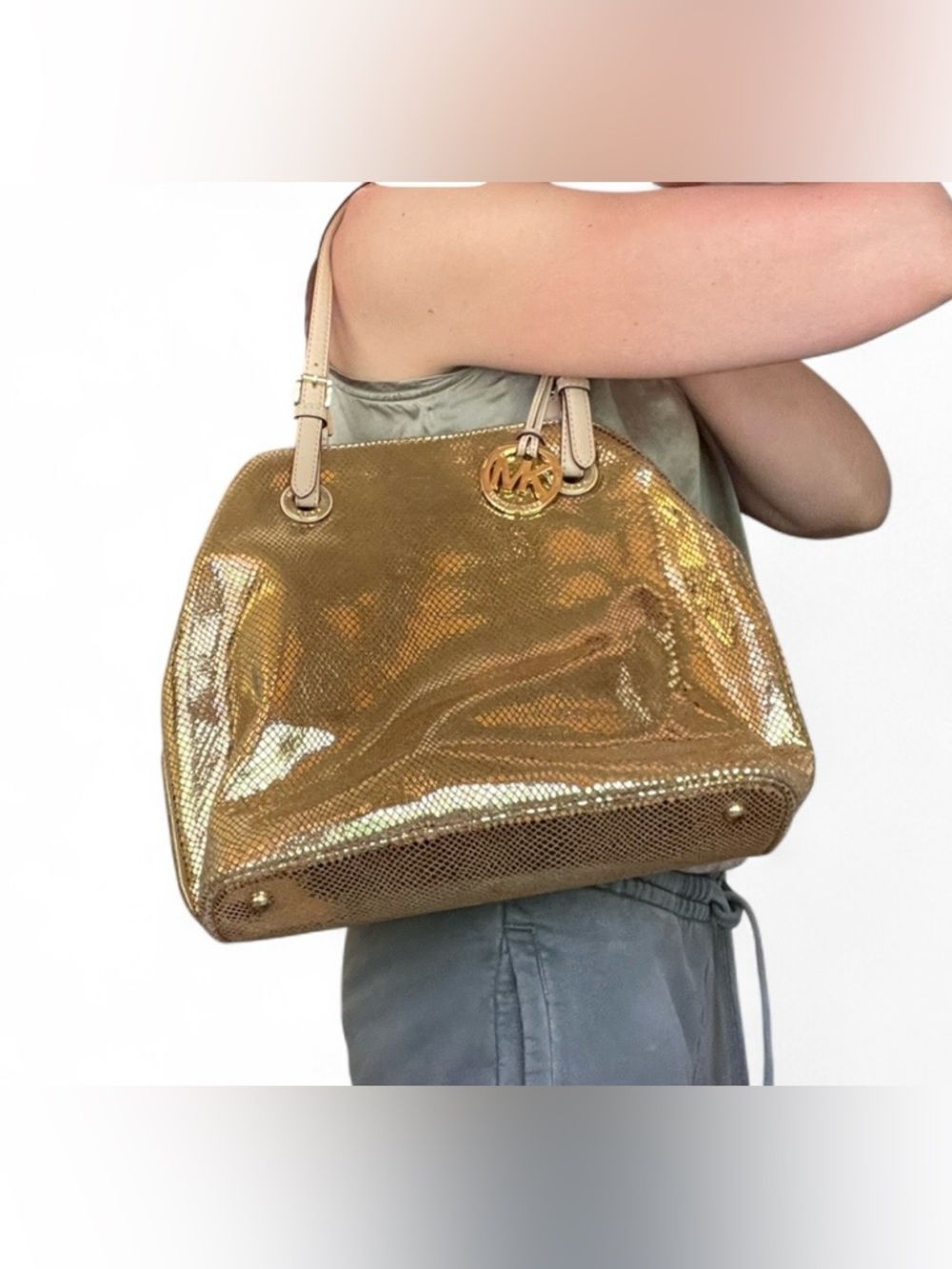 RARE Michael Kors Gold Sparkle ✨ Snake Leather Hobo Satchel Tote Shoulder Bag - Picture 8 of 14
